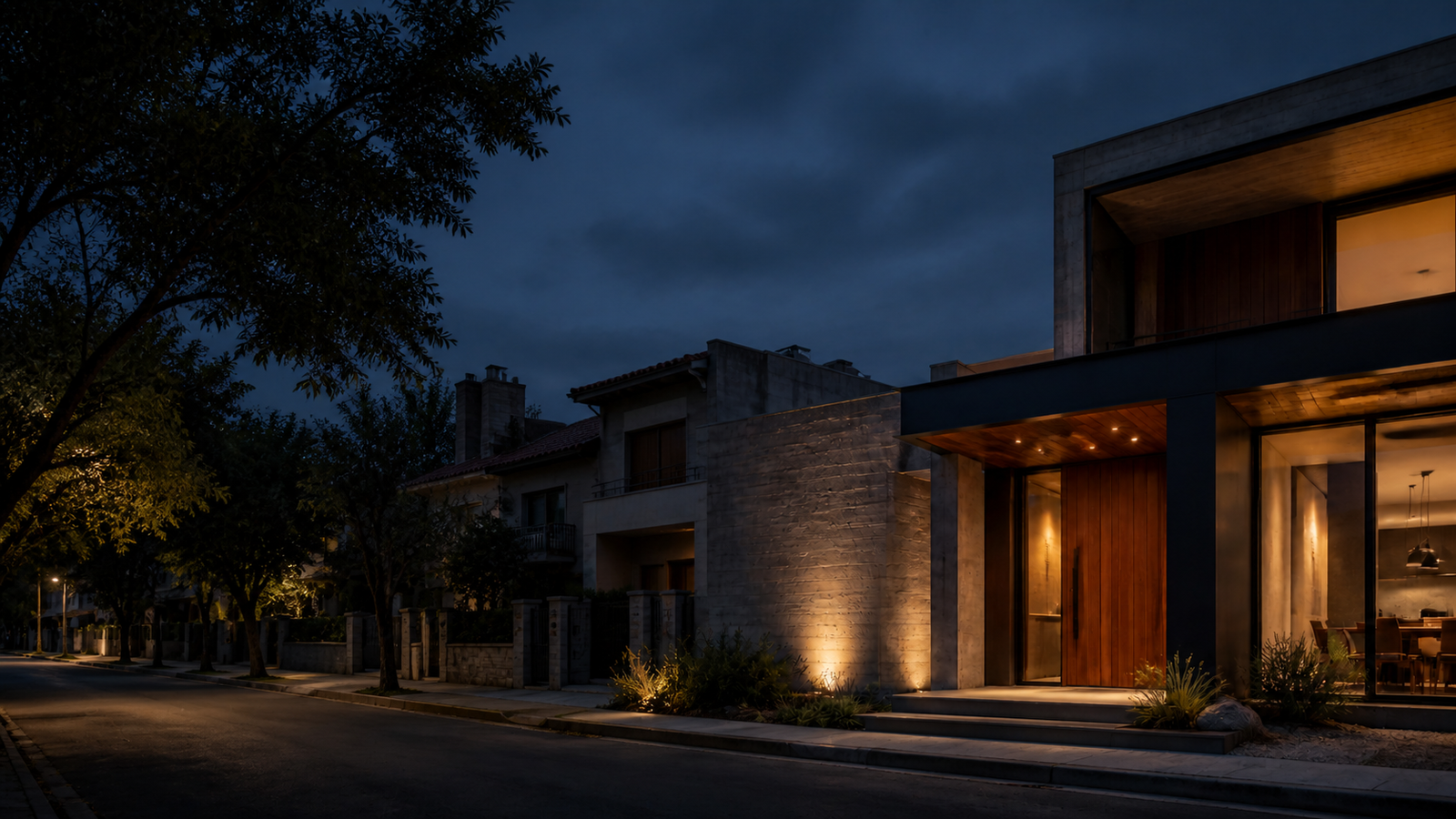Casa contemporánea en un barrio residencial al atardecer